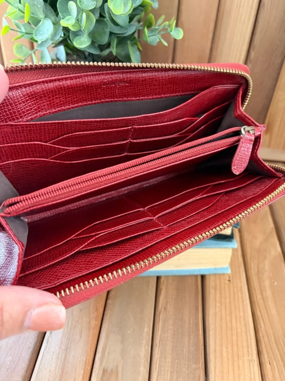 Cole Haan Red Leather Zip Around Wallet Organizer Gold Hardware
